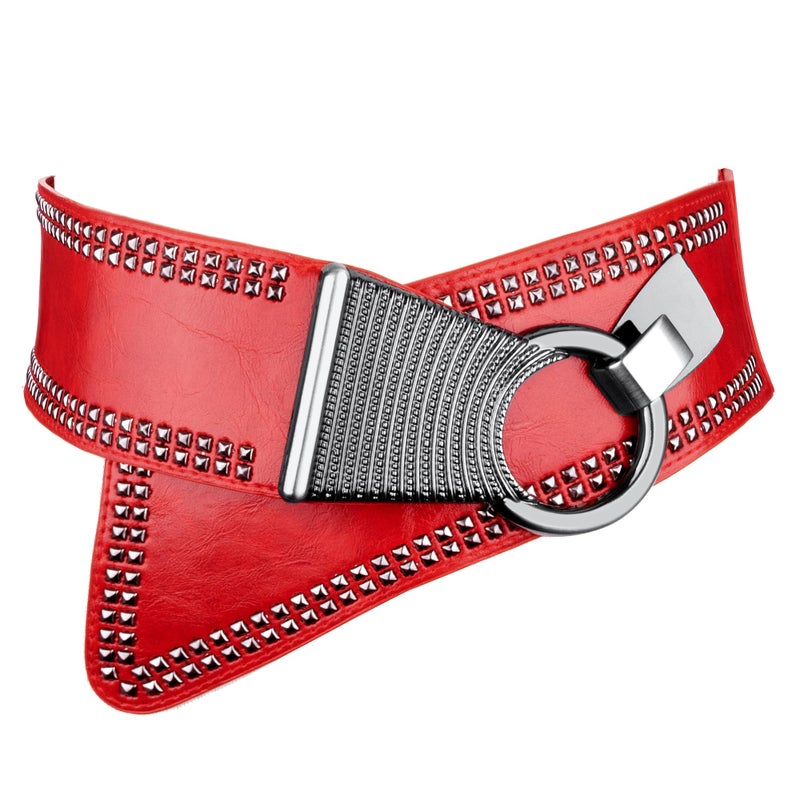 macoking Studded Wide Belts for Women Elastic Chunky Waistband for 80s Dress, Red, M - Image 1